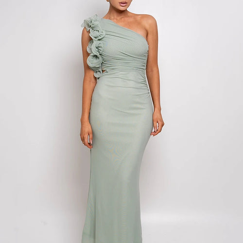 Load image into Gallery viewer, Shoulder Floral Mesh Ruched Sexy Maxi Dress For Women Gown Oblique Shoulder Sleeveless Backless Bodycon Long Dress
