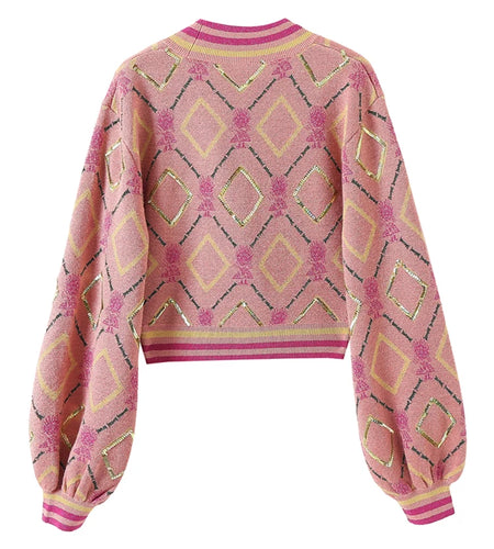 Fashion Spring Fall Knit Cropped Cardigan Lantern Sleeve Casual V-Neck Slim Argyle Women Sweater Outwear High Quality C-031