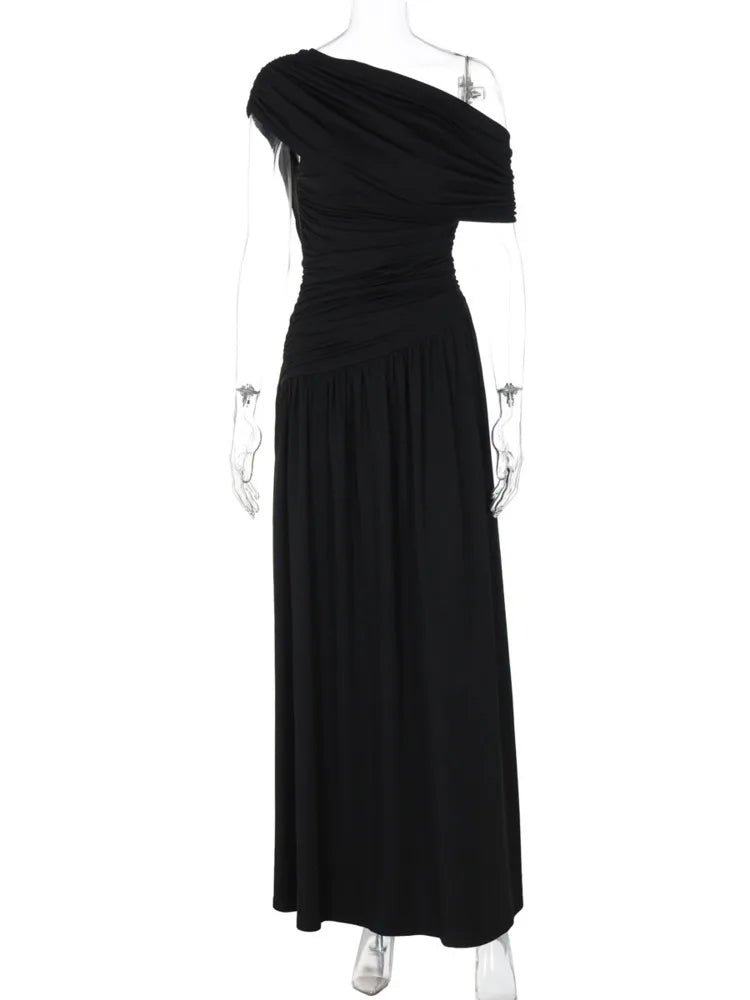 Incline Shoulder Backless Sexy Maxi Dress Women Summer New Fashion Sleeveless Pleated Ruched Club Party Long Dress