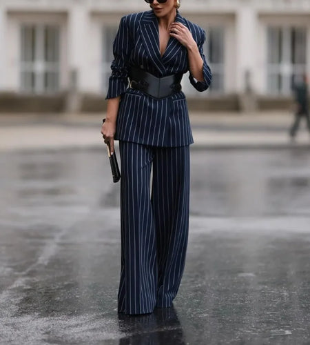 Suit Striped Pants for Women Work Casual Fall Spring Business Office Loose Female Long Blue Trousers