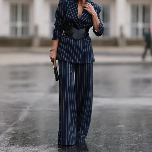 Load image into Gallery viewer, Suit Striped Pants for Women Work Casual Fall Spring Business Office Loose Female Long Blue Trousers
