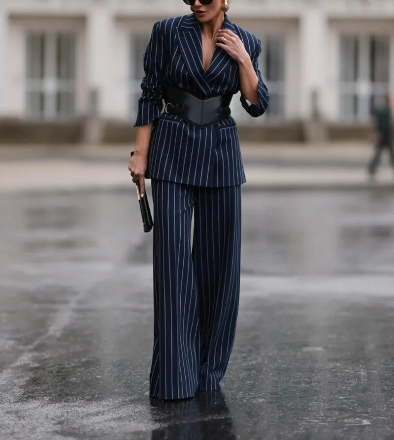 Suit Striped Pants for Women Work Casual Fall Spring Business Office Loose Female Long Blue Trousers