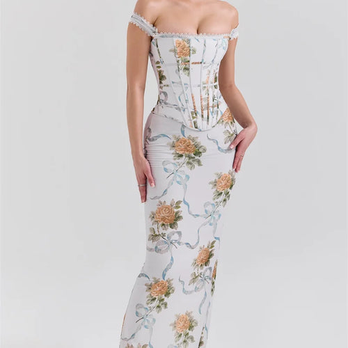 Load image into Gallery viewer, Vintage Print Sexy Maxi Dress Women Gown Summer Off-shoulder Sleeveless Backless Bodycon Club Party Long Dress Elegant
