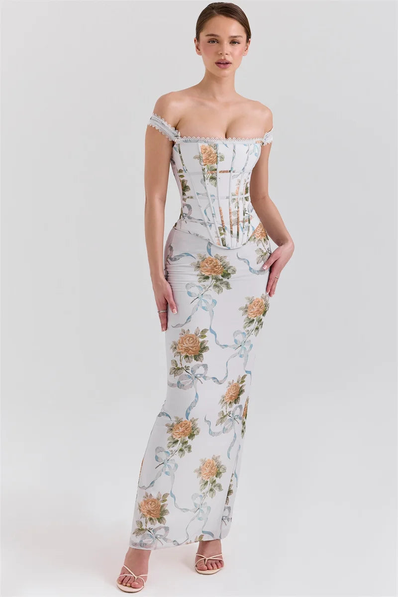 Vintage Print Sexy Maxi Dress Women Gown Summer Off-shoulder Sleeveless Backless Bodycon Club Party Long Dress Elegant
