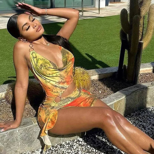 Load image into Gallery viewer, Sexy Hanging Collar 2024 Summer Irregular Tie Dye Hollow Out Dress Women's Mesh Print Lace Up Dress Beach Party Clothing
