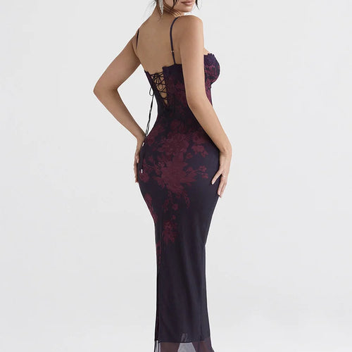 Load image into Gallery viewer, Purple Print Sexy Long Fishtail Dress For Women Robe New Spaghetti Strap Sleeveless Backless Ruched Maxi Dress Vestidos
