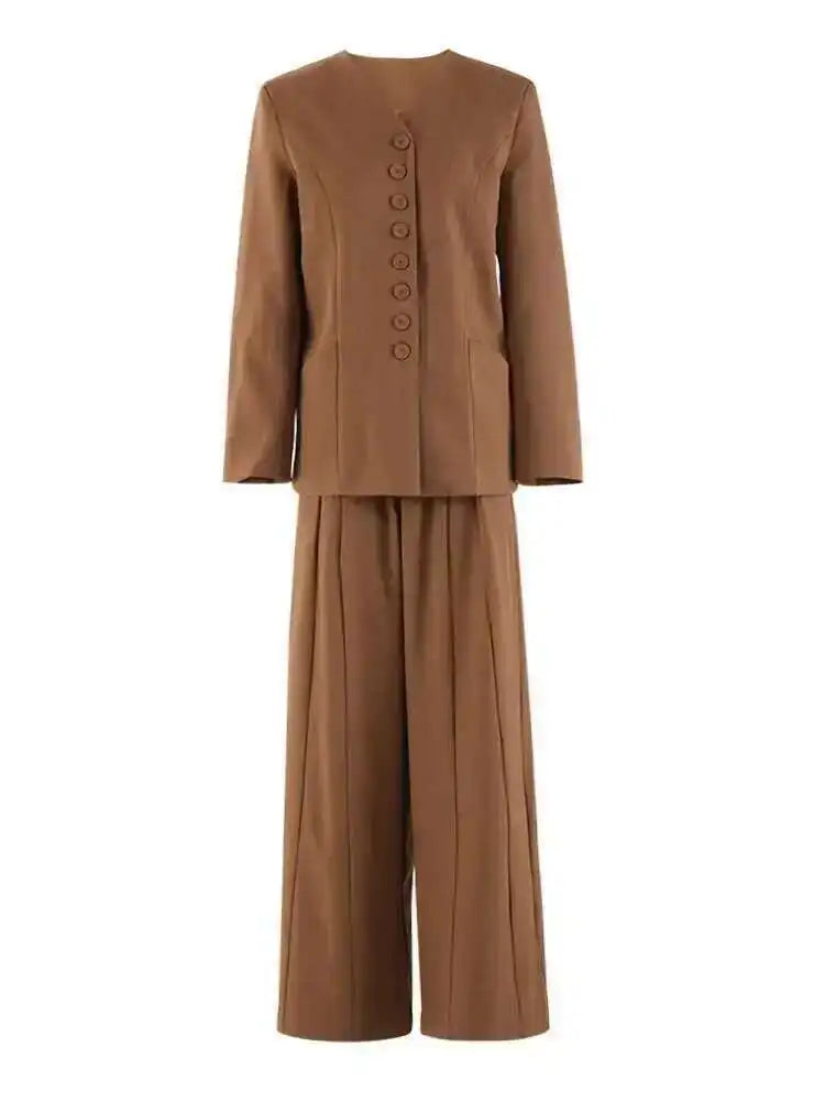Big Size Blazer Pleated Wide Leg Pants Two Piece Suit New V-Neck Long Sleeve Women Fashion Tide Spring Autumn 2025 CPDB248