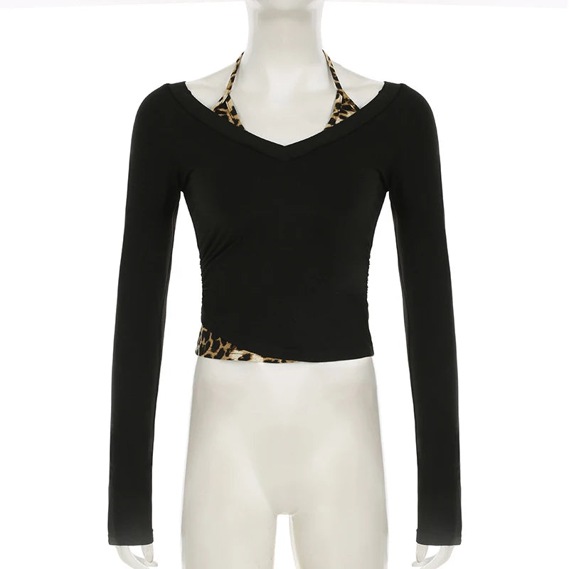 y2k Tops for Women Leopard Print Off Shoulder Long Sleeve Halter Neck T Shirts 2000s Aesthetic Clothing Streetwear