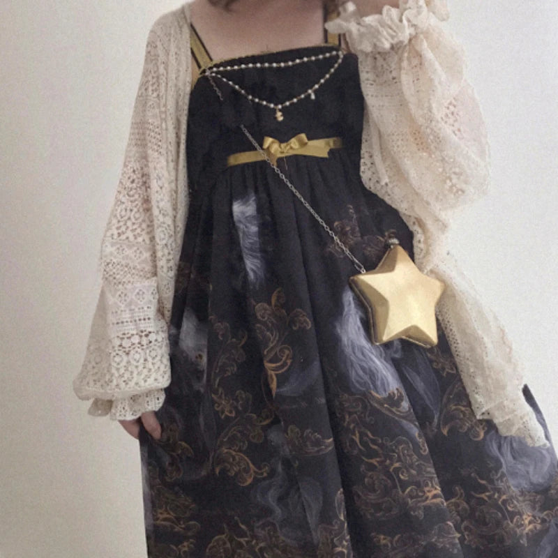 2025 Summer Y2k Aesthetic Women Cardigan Solid Sweet Lace Hollow Out Loose Knitted Harajuku Grunge Lantern Sleeve Bandage Tops