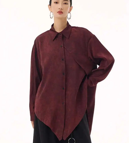 Women Red Irregular Hem Back Slit Big Size Blouse New Lapel Long Sleeve Shirt Fashion Tide Spring Autumn 2025 1DH9230