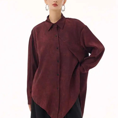 Load image into Gallery viewer, Women Red Irregular Hem Back Slit Big Size Blouse New Lapel Long Sleeve Shirt Fashion Tide Spring Autumn 2025 1DH9230

