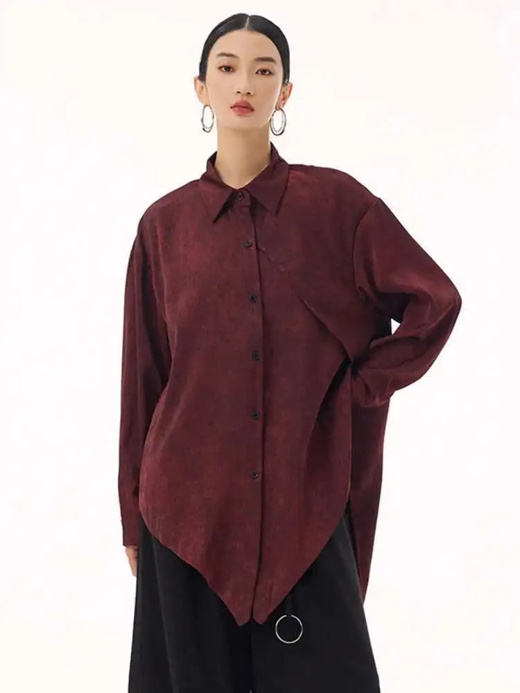 Women Red Irregular Hem Back Slit Big Size Blouse New Lapel Long Sleeve Shirt Fashion Tide Spring Autumn 2025 1DH9230