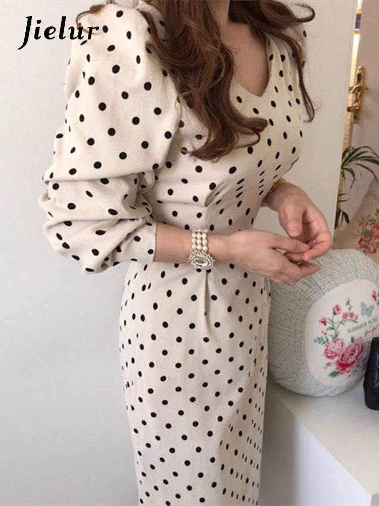 French Style Spring Autumn Women Casual Polka Dot Print A-Line Party Corduroy Dresses Elegant Lace-Up Slim Fashion