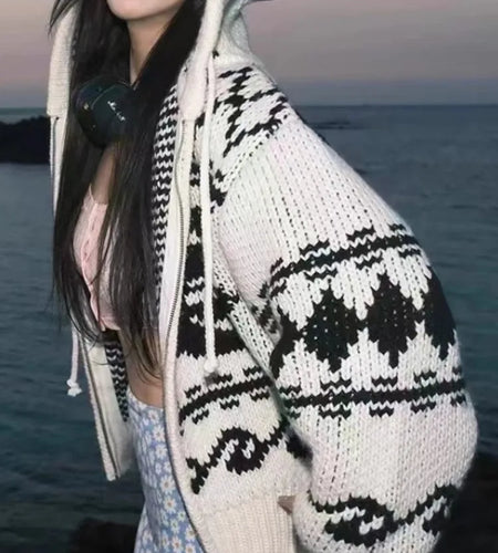 Harajuku Knitted Hooded Cardigan Women Y2k Aesthetic Zippers Casual Loose Sweater 2025 Autumn Grunge Vintage Drawstring Tops