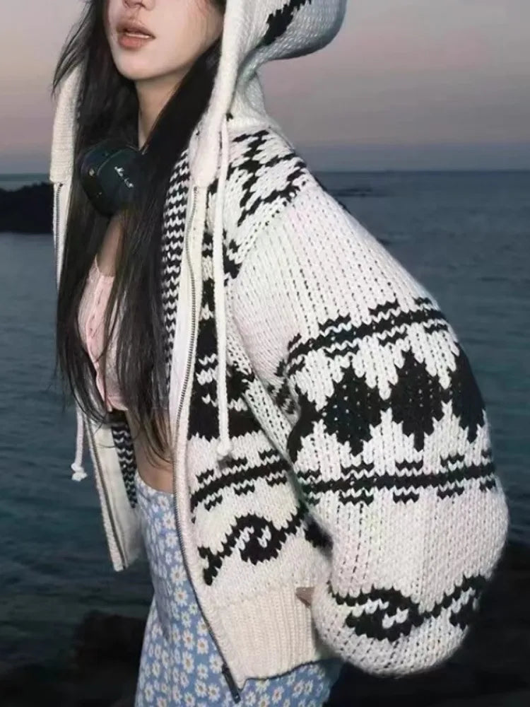 Harajuku Knitted Hooded Cardigan Women Y2k Aesthetic Zippers Casual Loose Sweater 2025 Autumn Grunge Vintage Drawstring Tops