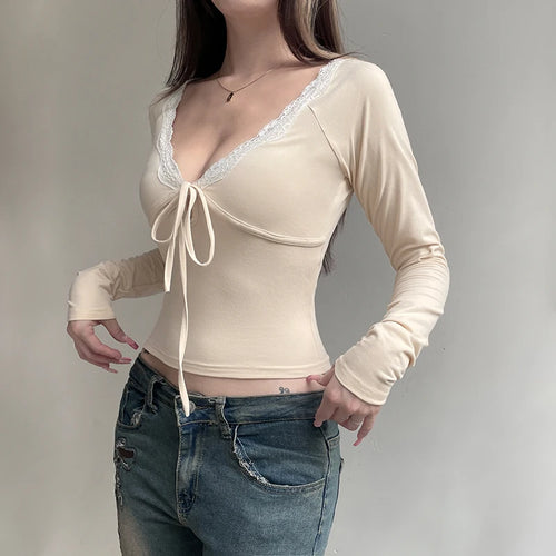 Load image into Gallery viewer, Fashion Lace Patchwork Deep V-Neck T-shirt For Women Tie-Up Decorate Fall Spring Cropped Tops 2000s Popular Clothes
