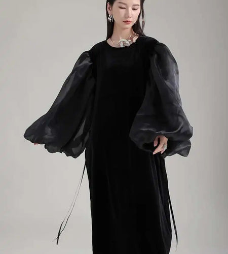 Women Black Organza Velvet Elegnat Big Size Dress New Round Neck Long Puff Sleeve Fashion Tide Spring Autumn 2025 1DH2248