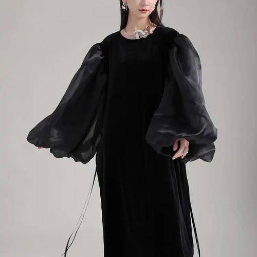 Load image into Gallery viewer, Women Black Organza Velvet Elegnat Big Size Dress New Round Neck Long Puff Sleeve Fashion Tide Spring Autumn 2025 1DH2248
