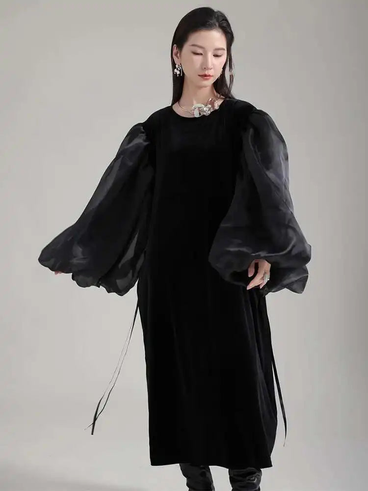 Women Black Organza Velvet Elegnat Big Size Dress New Round Neck Long Puff Sleeve Fashion Tide Spring Autumn 2025 1DH2248