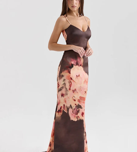 Satin Floral Print Sexy Maxi Dress Women Gown Elegant Spaghetti Strap Sleeveless Backless Bodycon Evening Club Dress