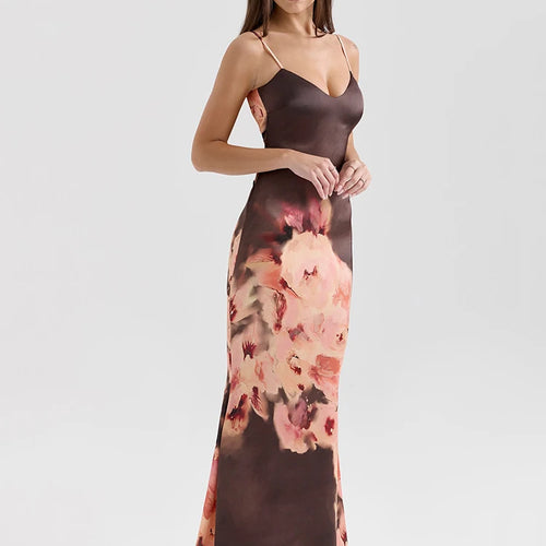 Load image into Gallery viewer, Satin Floral Print Sexy Maxi Dress Women Gown Elegant Spaghetti Strap Sleeveless Backless Bodycon Evening Club Dress

