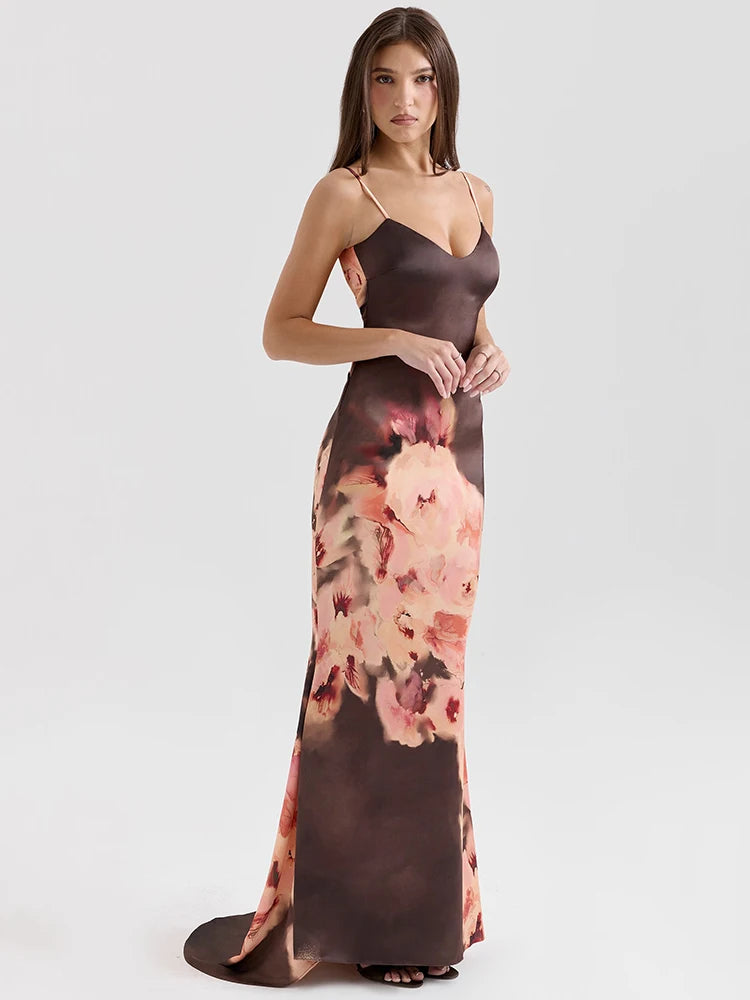 Satin Floral Print Sexy Maxi Dress Women Gown Elegant Spaghetti Strap Sleeveless Backless Bodycon Evening Club Dress