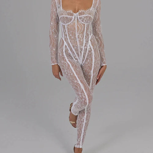 Load image into Gallery viewer, Women's Lace Long Sleeve Fishbone Jumpsuit, Square Neck Print, Perspective Corset, Tight Jumpsuit, Female Nightclub Part
