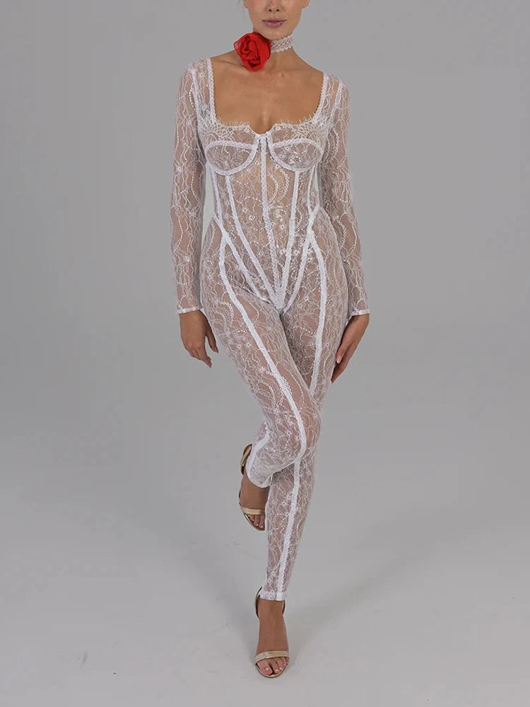 Women's Lace Long Sleeve Fishbone Jumpsuit, Square Neck Print, Perspective Corset, Tight Jumpsuit, Female Nightclub Part