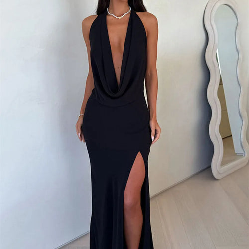 Load image into Gallery viewer, Halter Deep V Neck Sexy Maxi Dress Women Gown Fashion Sleeveless Backless Thigh High Split Bodycon Club Long Dress
