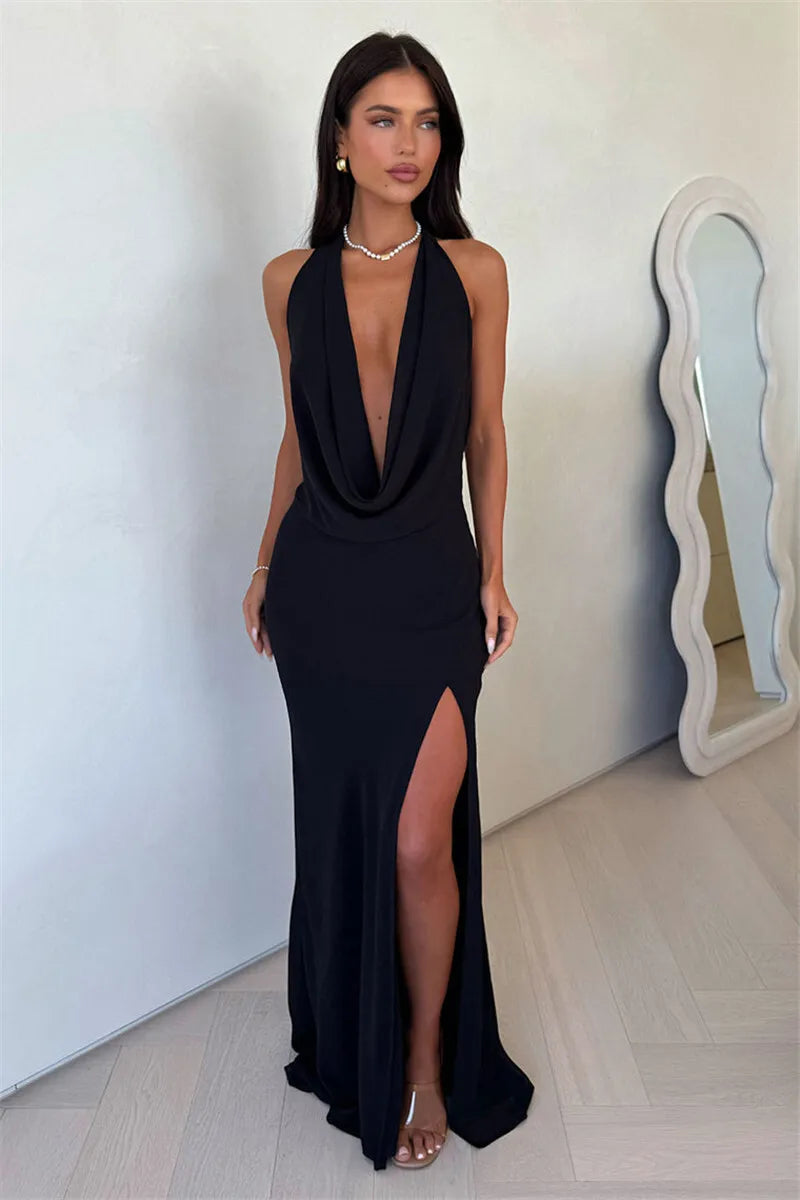 Halter Deep V Neck Sexy Maxi Dress Women Gown Fashion Sleeveless Backless Thigh High Split Bodycon Club Long Dress