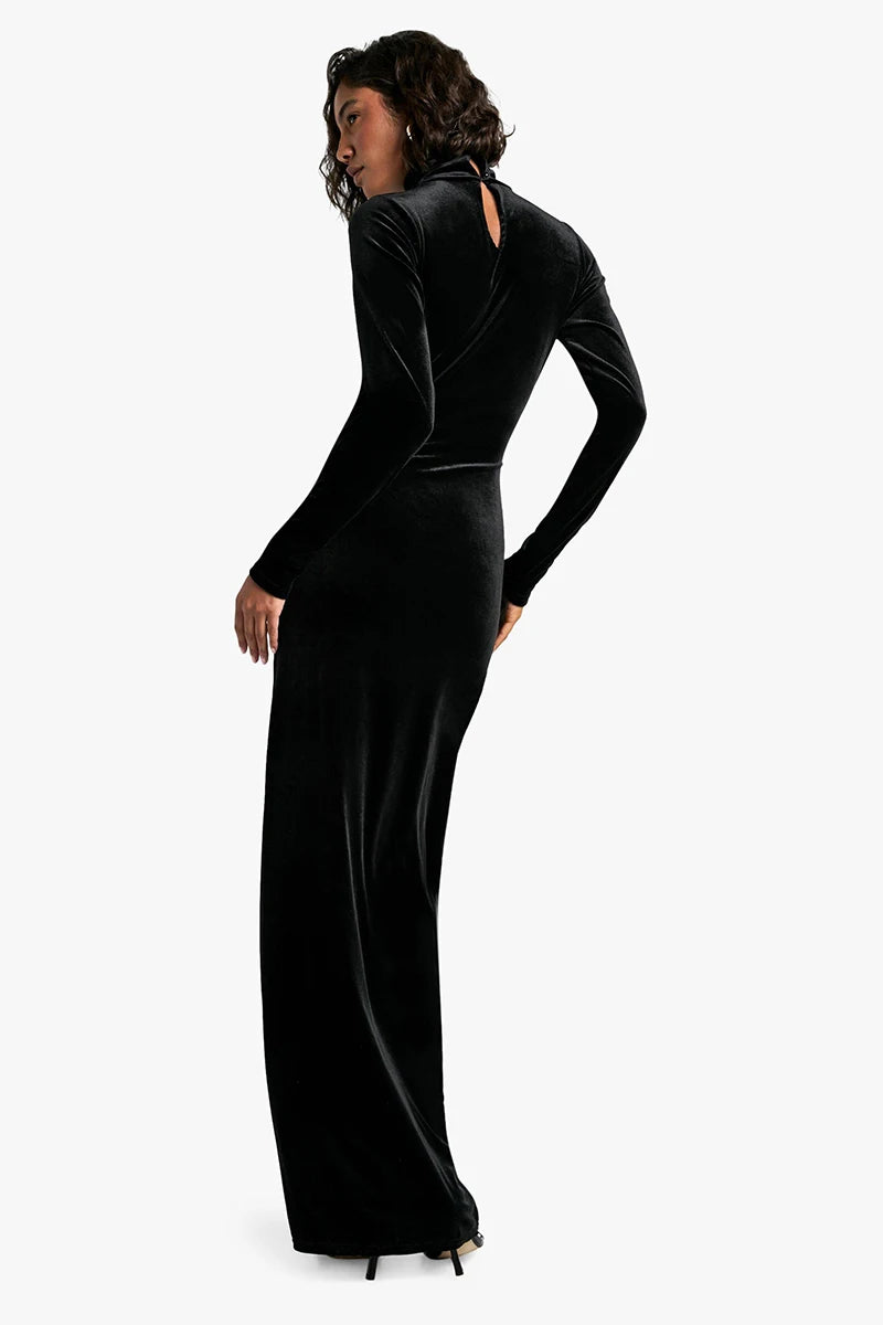 Velvet Long Sleeve Sexy Maxi Dress For Women Autumn Winter New Turtleneck Draped Ruched Bodycon Sexy Long Dress