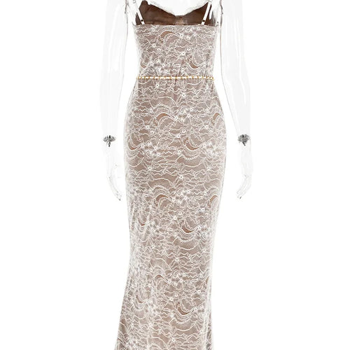 Load image into Gallery viewer, Sexy Lace Print Double Layer Dress For Women Bodycon Backless Metal Heart Pendant Maxi Dress Party Club Evening Dress
