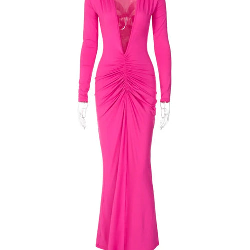 Load image into Gallery viewer, Deep V Neck Ruched Maxi Dress Women Gown Autumn New Long Sleeve Backless Bodycon Sexy Party Evening Dress Vestidos
