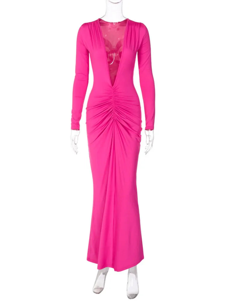 Deep V Neck Ruched Maxi Dress Women Gown Autumn New Long Sleeve Backless Bodycon Sexy Party Evening Dress Vestidos