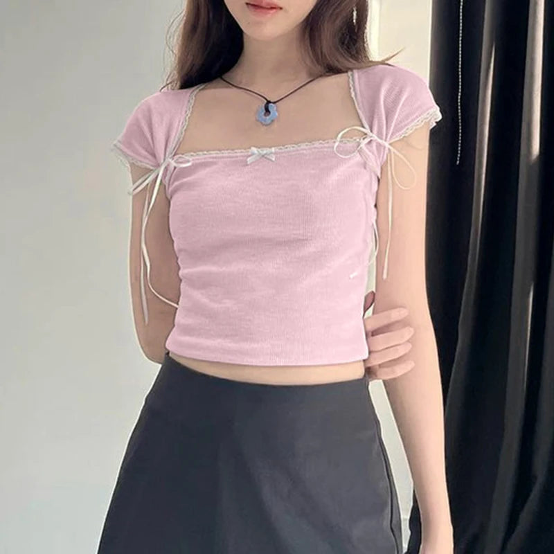 Korean Style Lace Trim Pink Women T-shirts Bodycon Square Neck Bow Cropped Top Cute Coquette Baby Tees Girls Clothing