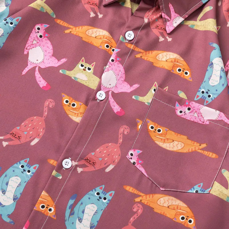 Hawaiian Shirts Streetwear Funny Cartoon Cat Graphic Printed Button Blouse Hip Hop Harajuku Baggy Short Sleeve Summer Beach Tops