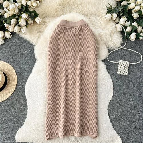 Load image into Gallery viewer, Solid Office Lady Slim Knit Pencil Skirts Women Elegant Elastic High Waist Female Casual Wave Bodycon Skirt Autumn New Fashion
