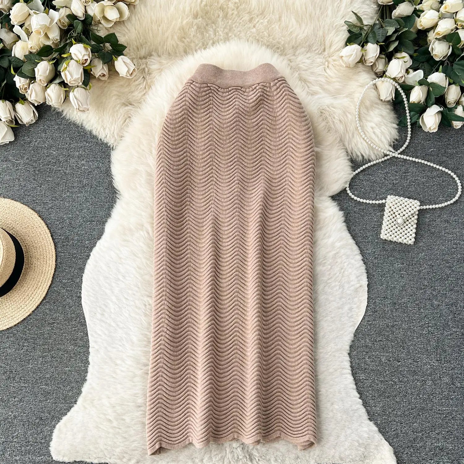 Solid Office Lady Slim Knit Pencil Skirts Women Elegant Elastic High Waist Female Casual Wave Bodycon Skirt Autumn New Fashion