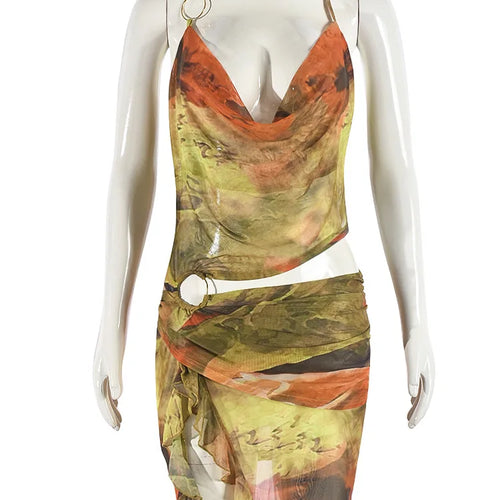 Load image into Gallery viewer, Sexy Hanging Collar 2024 Summer Irregular Tie Dye Hollow Out Dress Women's Mesh Print Lace Up Dress Beach Party Clothing
