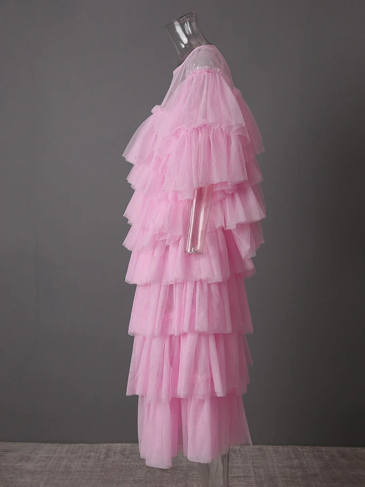 Mesh T-shirt Cake Half-body Skirt Two Pieces Suit New Round Neck Short Sleeve Women Fashion Spring Summer 2025 CPG3209