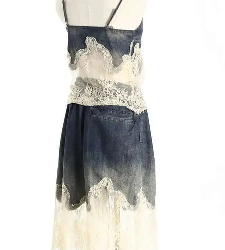 Denim Lace Elegant Tank Top Wide Leg Shorts Two Piece Suit New V-Neck Women Fashion Tide Spring Summer 2025 7AB4274