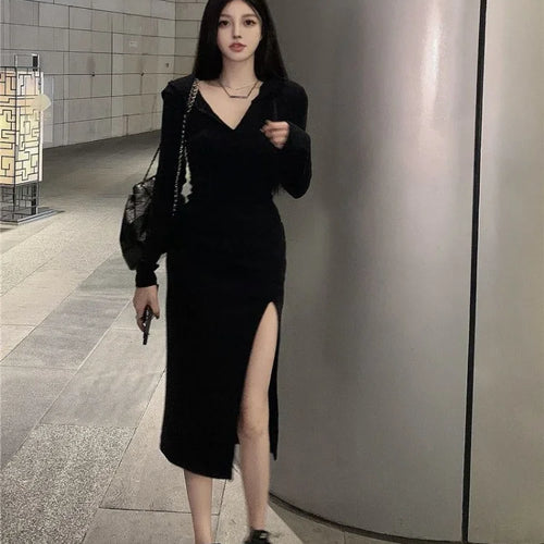 Load image into Gallery viewer, Y2k Bodycon Hood Dress Women Fall Casual Wrap Split Hooded Dresses Korean Fashion Kpop Long Sleeve Robes Female
