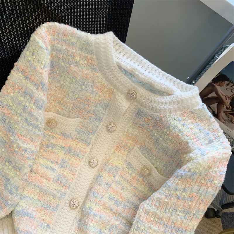 Autumn Winter Sweet Vintage Rainbow Knitted Cardigan Top French Fashion Women New Round Neck Single Breasted Long Sleeve Sweater