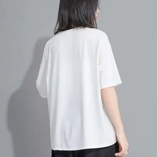 Load image into Gallery viewer, Women Black Flower Spliced Big Size Casual T-shirt New Round Neck Short Sleeve Fashion Tide Spring Summer 2025 1DH9832
