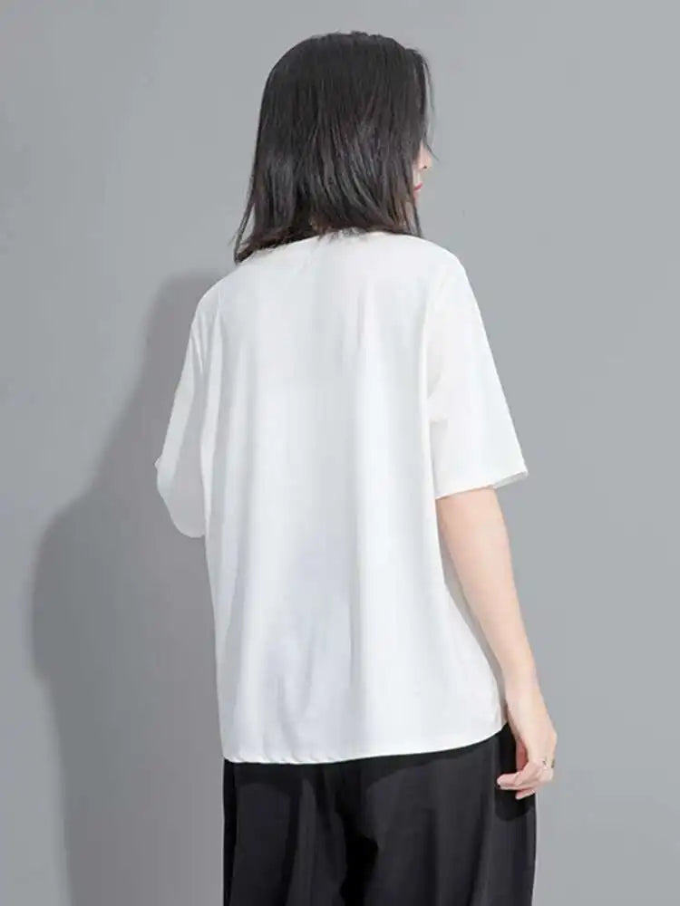 Women Black Flower Spliced Big Size Casual T-shirt New Round Neck Short Sleeve Fashion Tide Spring Summer 2025 1DH9832