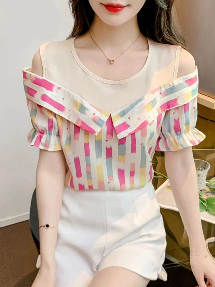 Striped O-neck Fashion Casual Female Blouse Summer New Loose Princess Sleeve Elegant Women's Blouses Chic Office Ladies