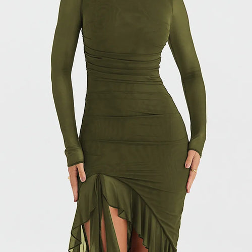 Load image into Gallery viewer, Elegant Ruffle Ruched Midi Dress For Women Robe Sheer Long Sleeve Backless Irregular Club Party Sexy Dress Vestido
