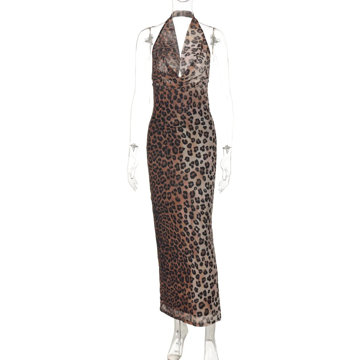Leopard Print Backless Sexy Maxi Dress For Women Gown Fashion Halter Strapless Sleeveless Bodycon Printed Long Dress