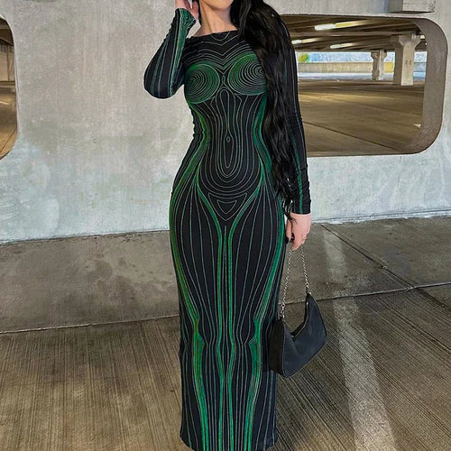 Load image into Gallery viewer, Striped Print Long Sleeve See Through Sexy Bodycon Maxi Dress 2023 Winter Women Y2K Evening Party Festival Clothes
