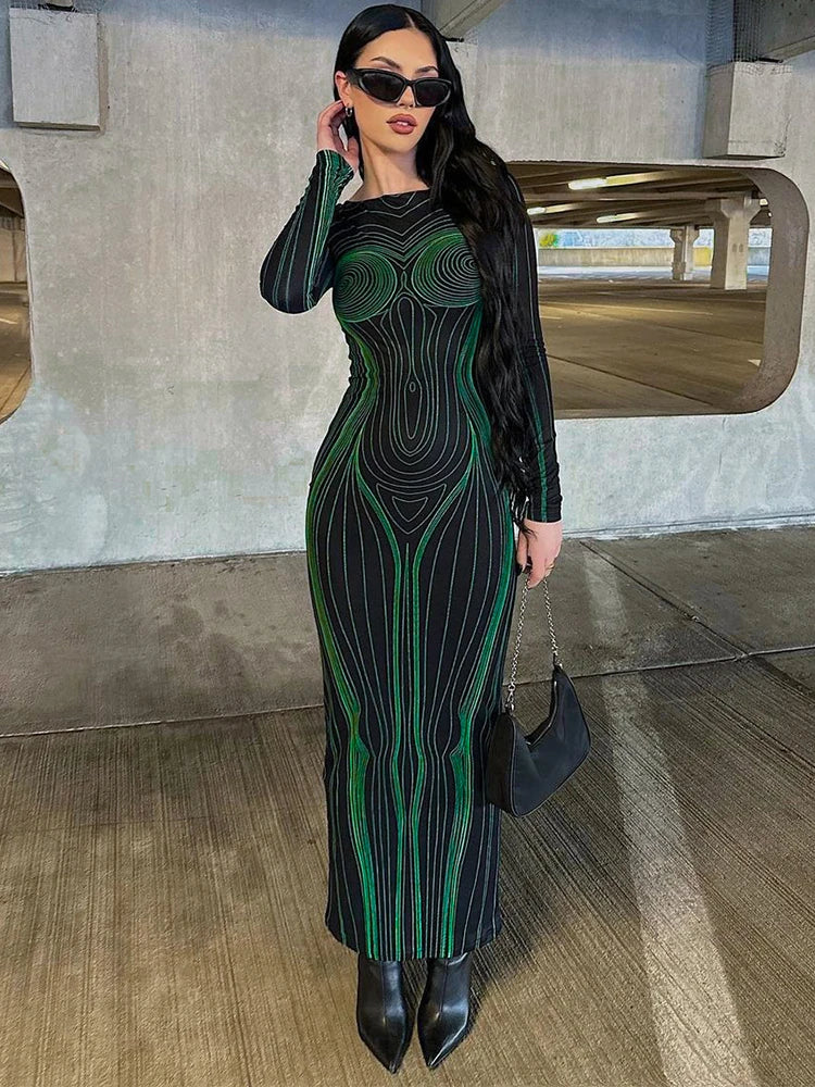 Striped Print Long Sleeve See Through Sexy Bodycon Maxi Dress 2023 Winter Women Y2K Evening Party Festival Clothes